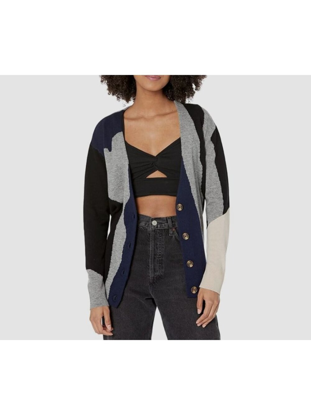 Label Brand Merino Wool Cashmere Colorblock Gray Navy Black Cardigan Sweater L